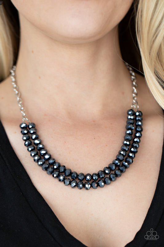 May The FIERCE Be With You Blue Necklace - Paparazzi Accessories  A sturdy silver chain connects double strands of Inkwell beads. The reflective multi-faceted beads connect below the collar for a fiercely stunning style. Features an adjustable clasp closure.  All Paparazzi Accessories are lead free and nickel free!  Sold as one individual necklace. Includes one pair of matching earrings.