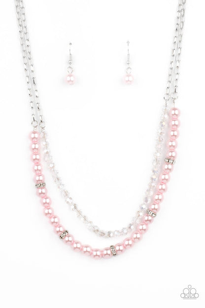 Parisian Princess Pink Necklace - Paparazzi Accessories  A strand of glassy white crystal-like beads and pearly pink beads and white rhinestone encrusted silver rings layer below the collar, creating a timeless display. Features an adjustable clasp closure.  All Paparazzi Accessories are lead free and nickel free!  Sold as one individual necklace. Includes one pair of matching earrings.