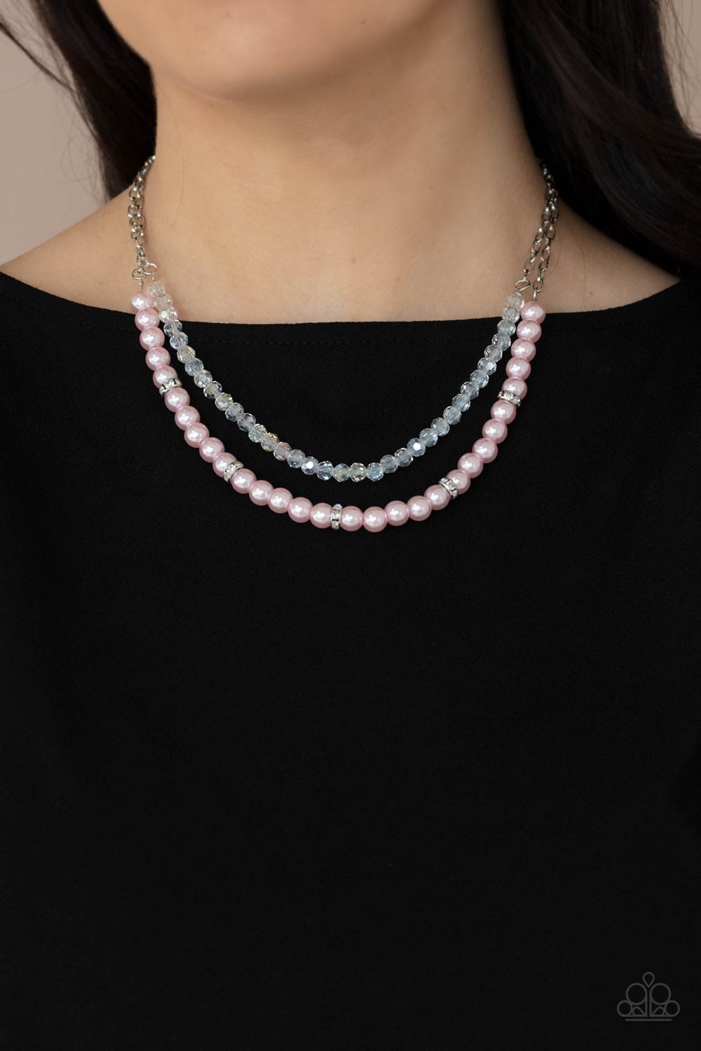 Parisian Princess Pink Necklace - Paparazzi Accessories  A strand of glassy white crystal-like beads and pearly pink beads and white rhinestone encrusted silver rings layer below the collar, creating a timeless display. Features an adjustable clasp closure.  All Paparazzi Accessories are lead free and nickel free!  Sold as one individual necklace. Includes one pair of matching earrings.