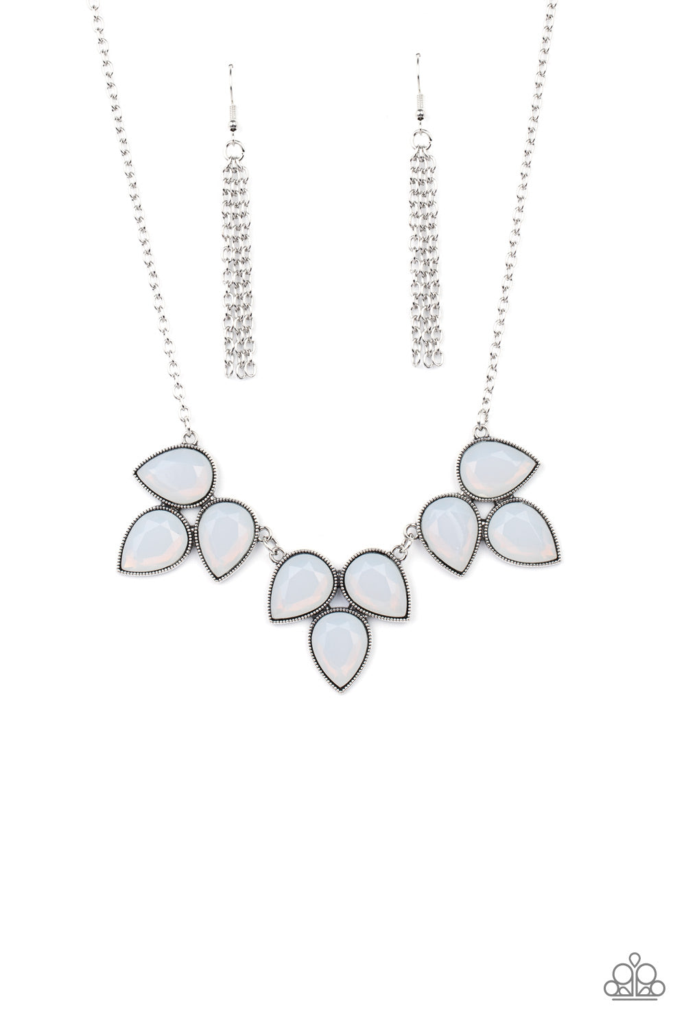 Prairie Fairytale White Necklace - Paparazzi Accessories  Trios of faceted dewy white teardrop beads encased in studded antiqued silver casings coalesce into leafy frames that delicately link into an ethereal fringe below the collar. Features an adjustable clasp closure.  All Paparazzi Accessories are lead free and nickel free!  Sold as one individual necklace. Includes one pair of matching earrings.