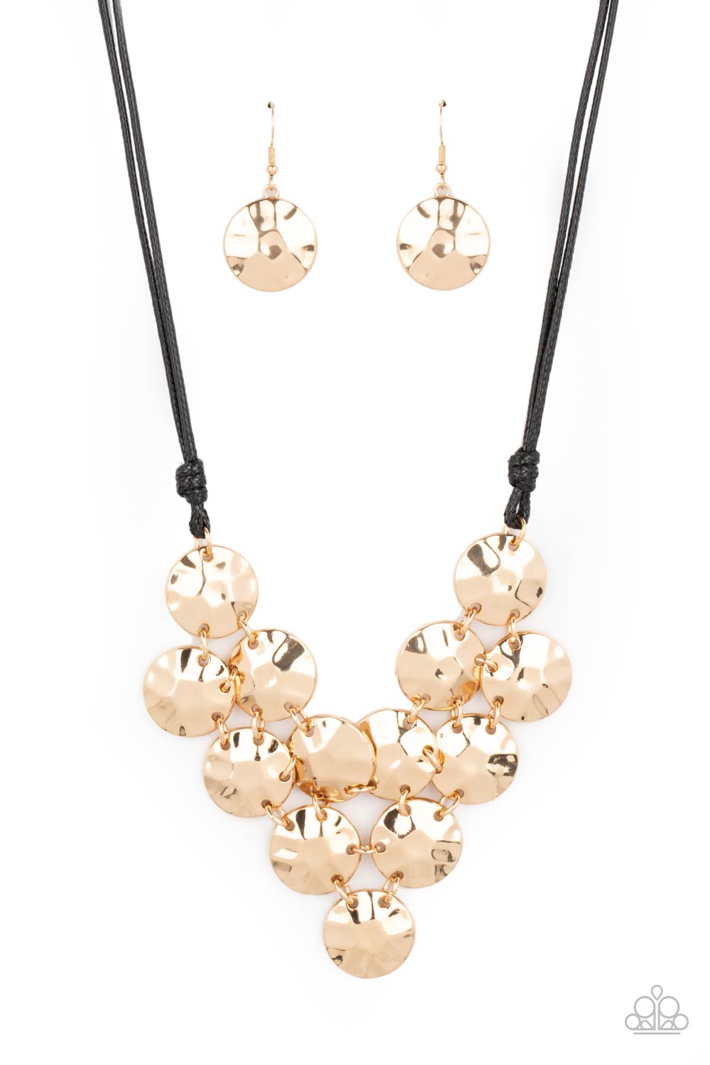 Token Treasure Gold Necklace - Paparazzi Accessories  Featuring a hammered finish, a collection of glistening gold discs delicately connect into a netted pendant at the bottom of knotted black cords for a statement-making look. Features an adjustable clasp closure.  All Paparazzi Accessories are lead free and nickel free!  Sold as one individual necklace. Includes one pair of matching earrings.