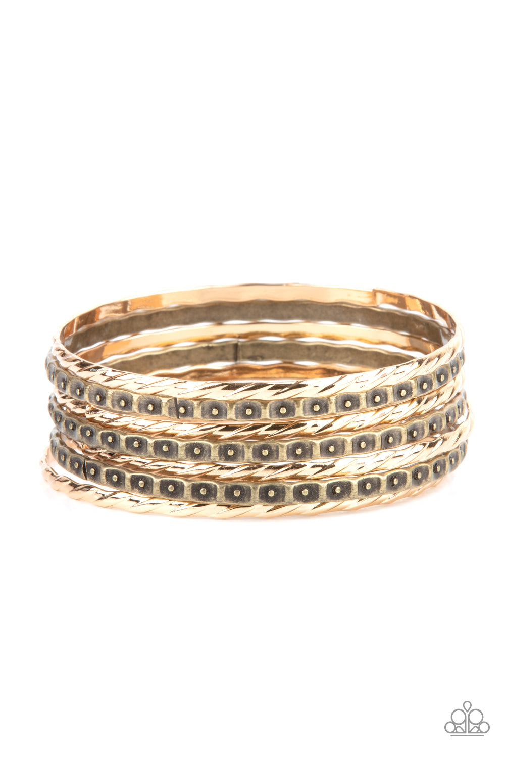 Back-To-Back Stacks Multi Bracelet - Paparazzi Accessories  Embossed in slanted ribbons of textured and studded hammered patterns, trios of mismatched brass and gold bangles stack across the wrist for an intense industrial vibe.  Sold as one set of six bracelets.