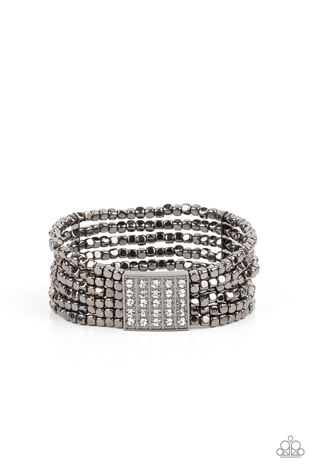 Star-Studded Showcase Black Bracelet - Paparazzi Accessories  Held in place by a square centerpiece encrusted in row after row of dazzling white rhinestones, a dainty collection of gunmetal cube beads are threaded along stretchy bands around the wrist, creating shimmery layers.  All Paparazzi Accessories are lead free and nickel free!  Sold as one individual bracelet.