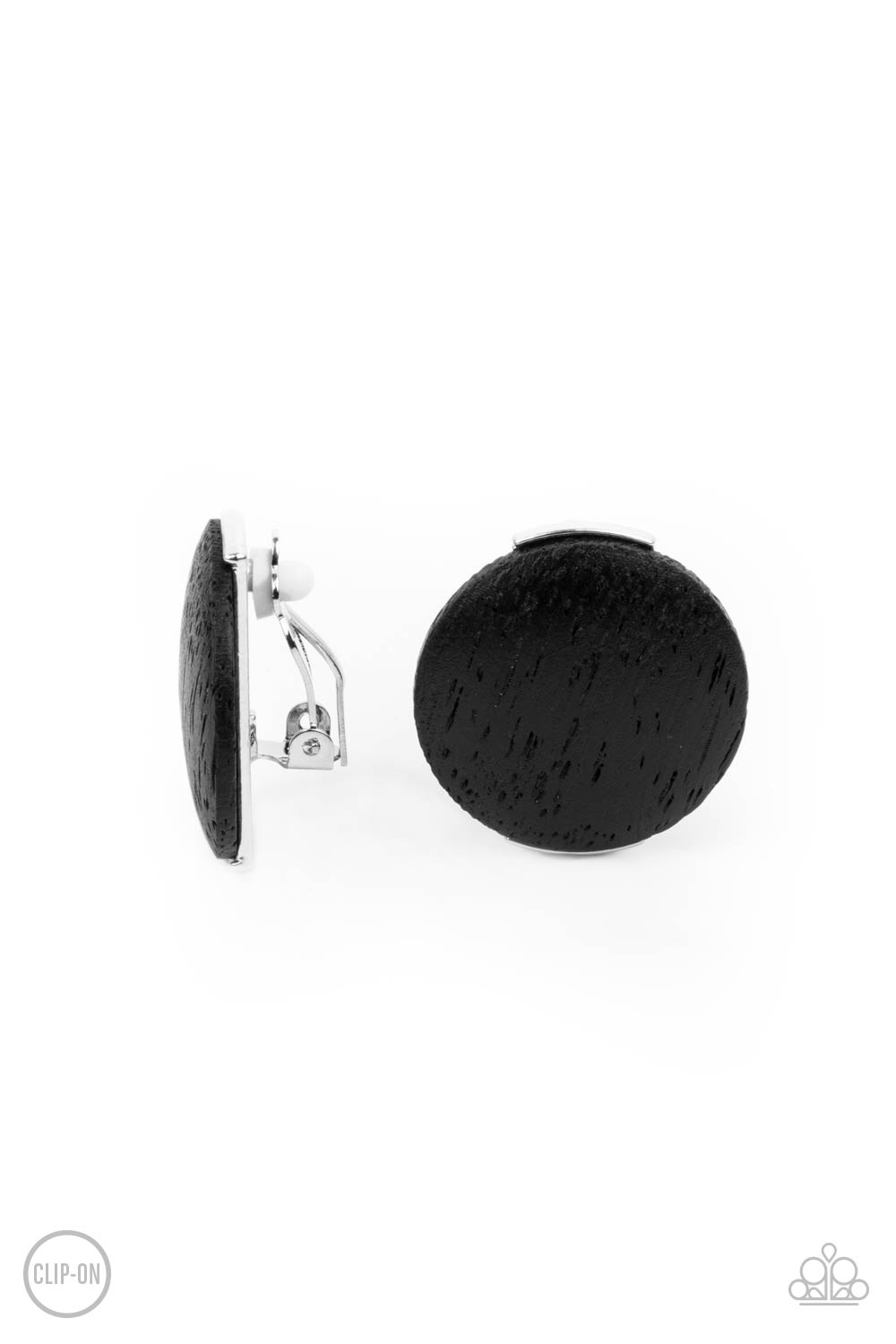 WOODWORK It Black Clip-On Earring - Paparazzi Accessories  An oversized black wooden disc is fitting in place between a silver frame, creating an earthy effect. Earring attaches to a standard clip-on fitting.  All Paparazzi Accessories are lead free and nickel free!  Sold as one pair of clip-on earrings.