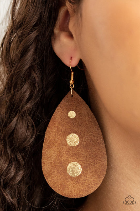 Rustic Torrent Gold Earring - Paparazzi Accessories  The front of a distressed leather teardrop frame is adorned into three glistening gold paint drops, creating a rustic elegance. Earring attaches to a standard fishhook fitting.  ﻿All Paparazzi Accessories are lead free and nickel free!  Sold as one pair of earrings.