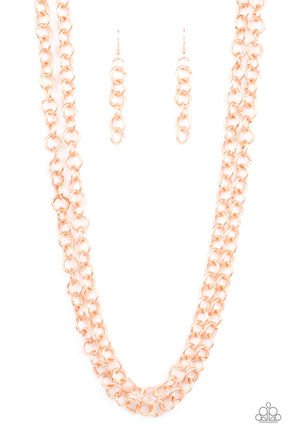 Grunge Goals Copper Necklace - Paparazzi Accessories  A seemingly infinite collection of textured shiny copper links connect into two dramatic rows across the chest, creating an intense industrial display. Features an adjustable clasp closure.  All Paparazzi Accessories are lead free and nickel free!  Sold as one individual necklace. Includes one pair of matching earrings.