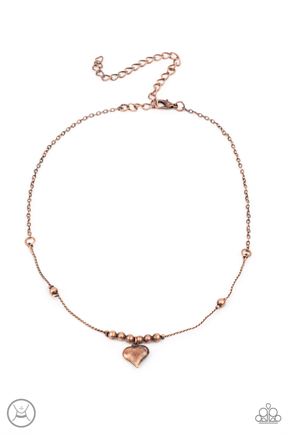 Casual Crush Copper Choker Necklace - Paparazzi Accessories  Infused with dainty copper beads, a charming copper heart dangles from a wire-like chain around the neck for a flirtatious look. Features an adjustable clasp closure.  All Paparazzi Accessories are lead free and nickel free!  Sold as one individual choker necklace. Includes one pair of matching earrings.