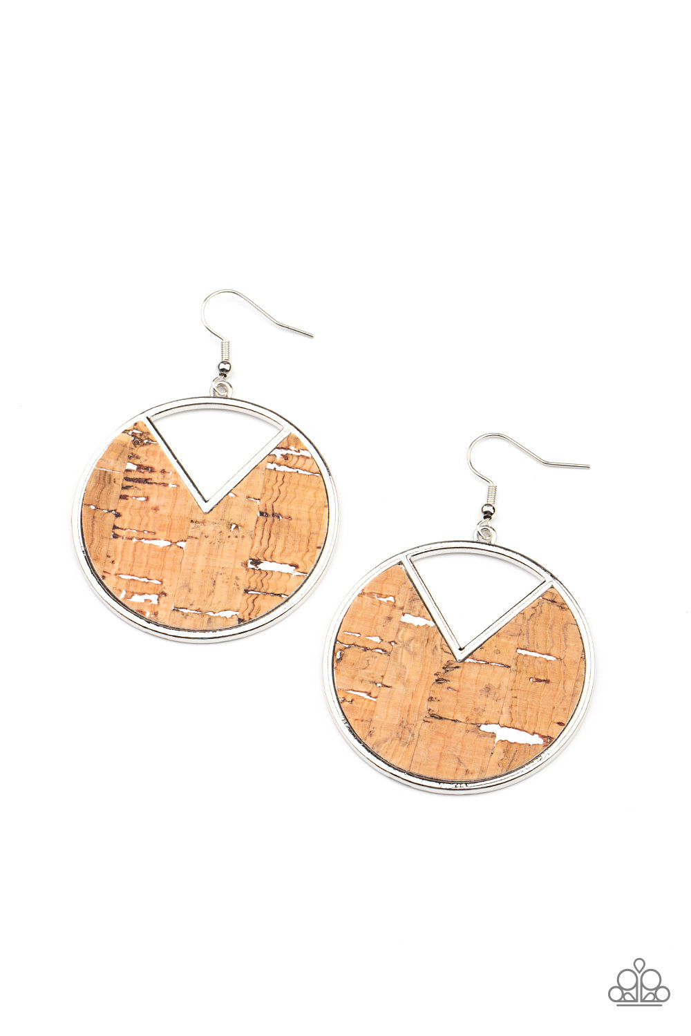 Nod to Nature White Earring - Paparazzi Accessories  Featuring hints of white accents, an earthy piece of cork is placed into the center of a circular hoop. A triangular slice is removed from the cork, creating an edgy airy finish. Earring attaches to a standard fishhook fitting.  Sold as one pair of earrings.