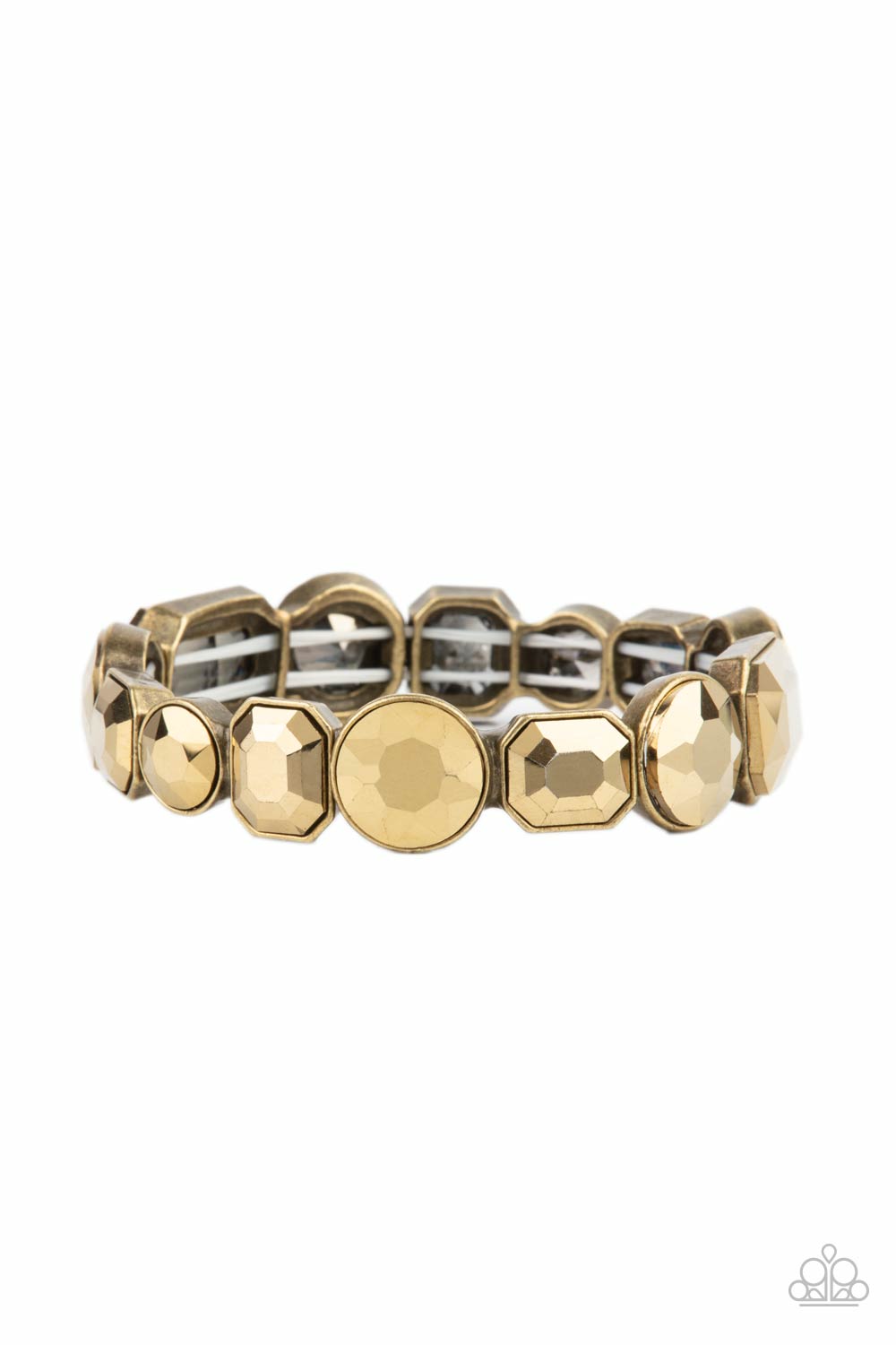 Extra Exposure Brass Bracelet - Paparazzi Accessories  Encased in sleek brass frames, a smoldering collection of round and emerald cut aurum rhinestones glide along stretchy bands around the wrist, creating a sparkly industrial statement piece.  All Paparazzi Accessories are lead free and nickel free!   Sold as one individual bracelet.