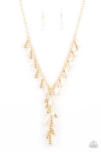 Dripping With DIVA-ttitude Gold Necklace - Paparazzi Accessories  Glassy, pearly, and gold beaded teardrops elegantly drip along a classic gold chain across the chest. Matching beads cascade from an extended tassel, creating a glamorously clustered pendant. Features an adjustable clasp closure.  All Paparazzi Accessories are lead free and nickel free!  Sold as one individual necklace. Includes one pair of matching earrings.