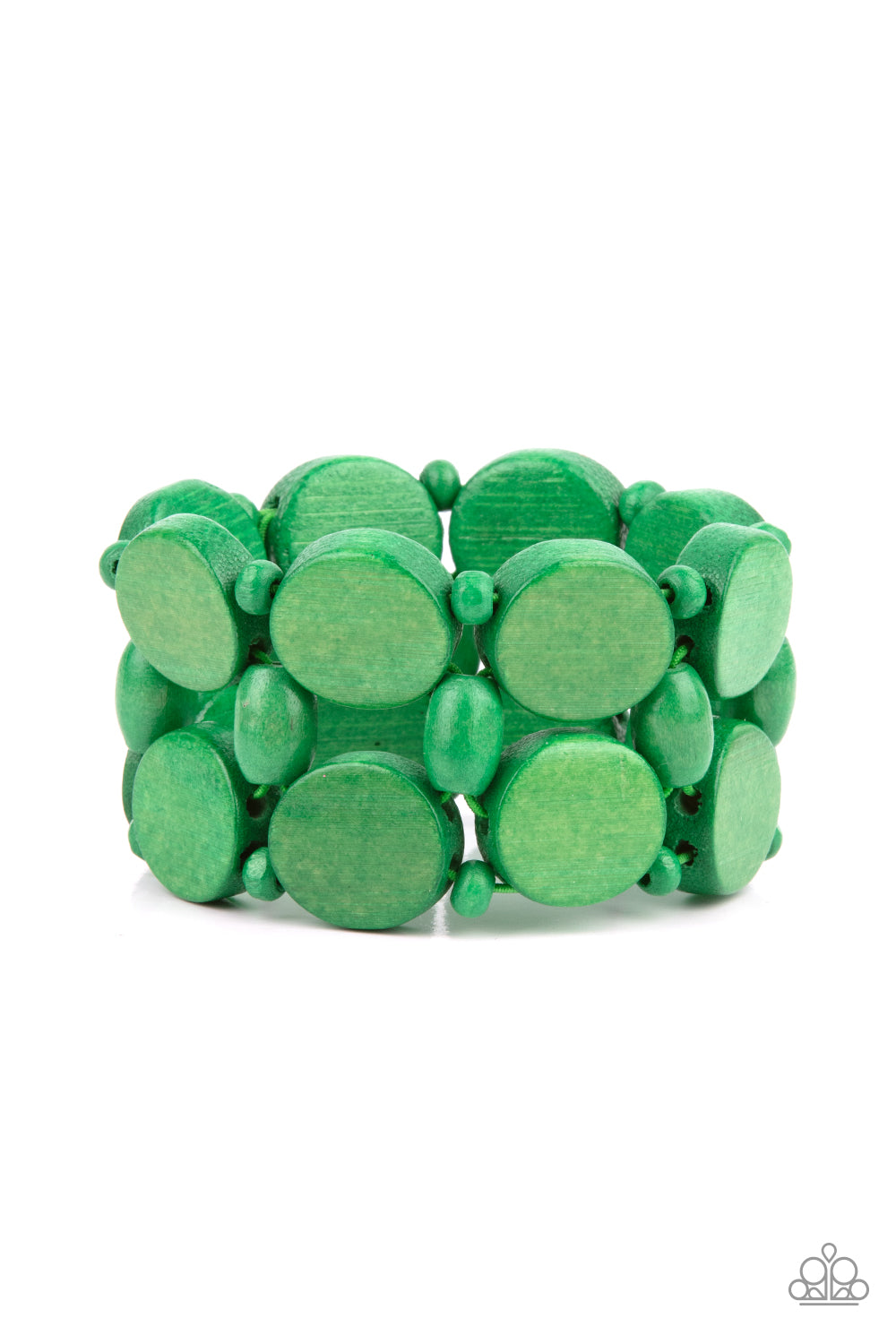 Beach Bravado Green Wooden Bracelet - Paparazzi Accessories  Earthy green wooden discs and beads are threaded along braided stretchy bands around the wrist, creating a summery display.  All Paparazzi Accessories are lead free and nickel free!  Sold as one individual bracelet.