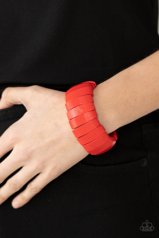 Raise The BARBADOS Red Bracelet - Paparazzi Accessories. Painted in fiery finishes, a bold collection of red wooden beads are threaded along stretchy bands around the wrist for a colorful display.  Sold as one individual bracelet.