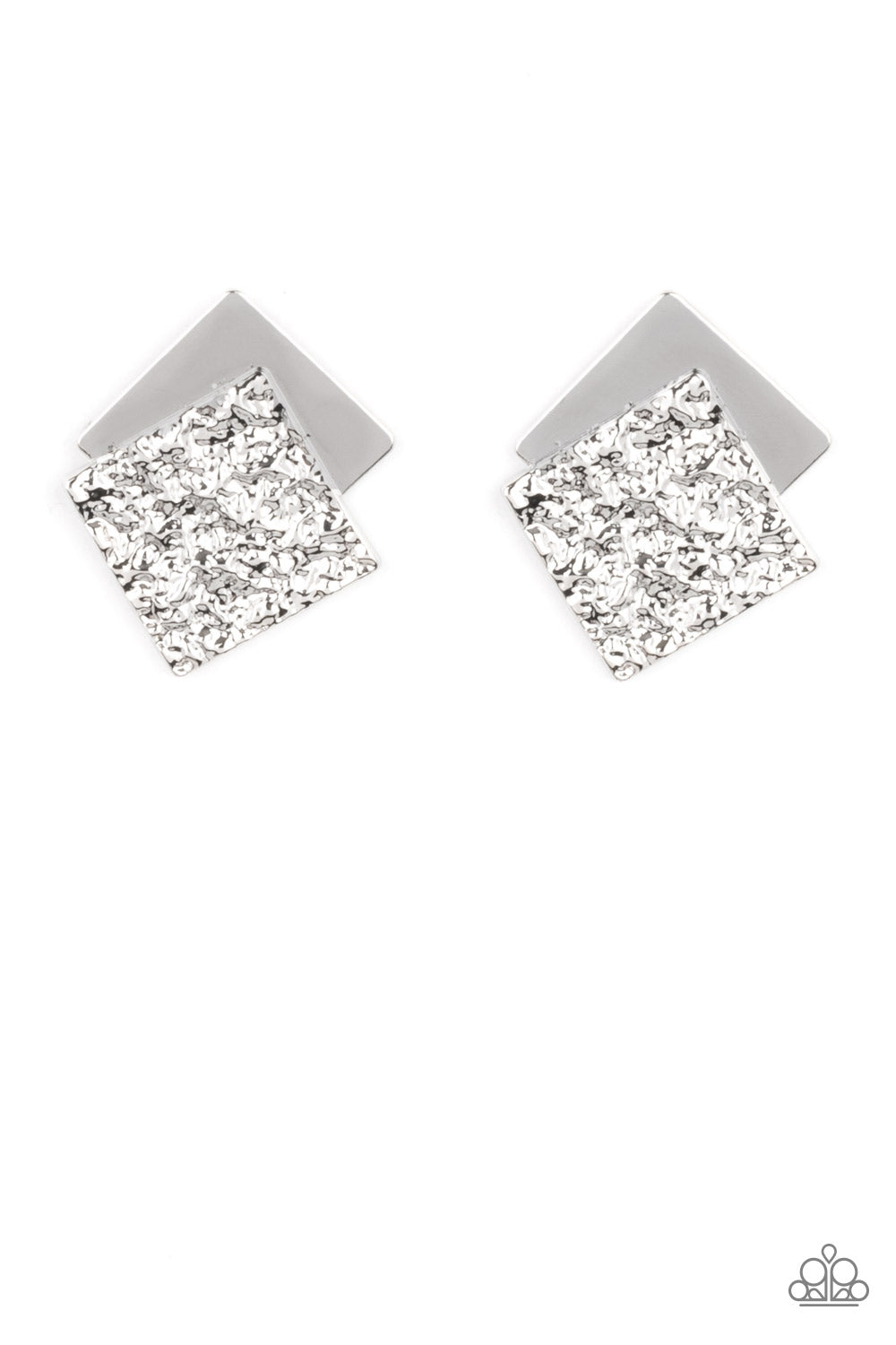 Square With Style Silver Post Earring - Paparazzi Accessories. Embossed in gritty textures, a rough silver square overlaps a plain silver square, creating a stacked frame. Earring attaches to a standard post fitting.  All Paparazzi Accessories are lead free and nickel free!  Sold as one pair of post earrings.