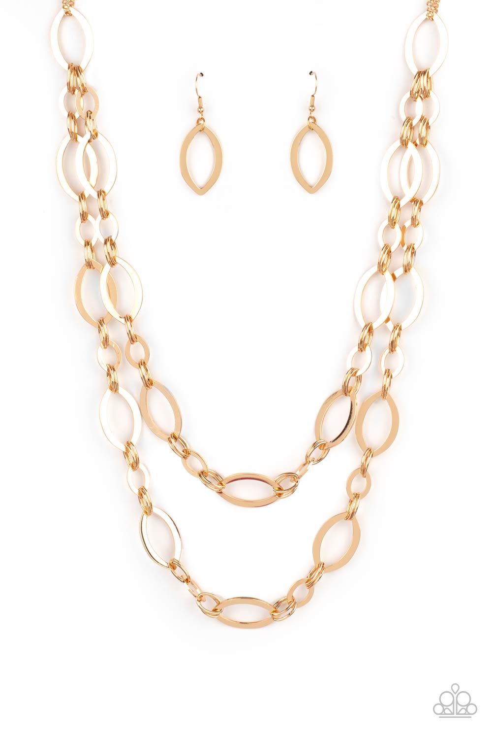 The OVAL-achiever Gold Necklace - Paparazzi Accessories  Stunning gold ellipses link together for two layers of bold, basic drama. The layers hang from a simple gold chain adding balance to the scene. Features an adjustable clasp closure.  Sold as one individual necklace. Includes one pair of matching earrings.