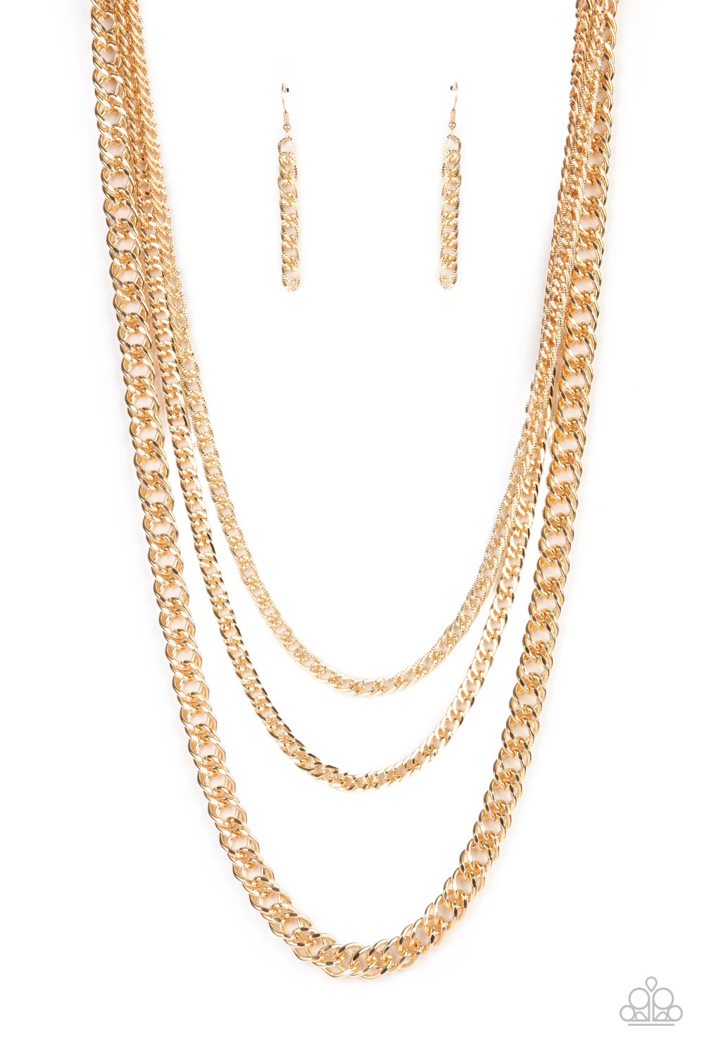 Chain of Champions Gold Necklace - Paparazzi Accessories  Bold layers of glistening gold chain of varying sizes and textures, fall like a weighty medal across the chest creating a shimmering industrial effect. Features an adjustable clasp closure.  All Paparazzi Accessories are lead free and nickel free!  Sold as one individual necklace. Includes one pair of matching earrings.