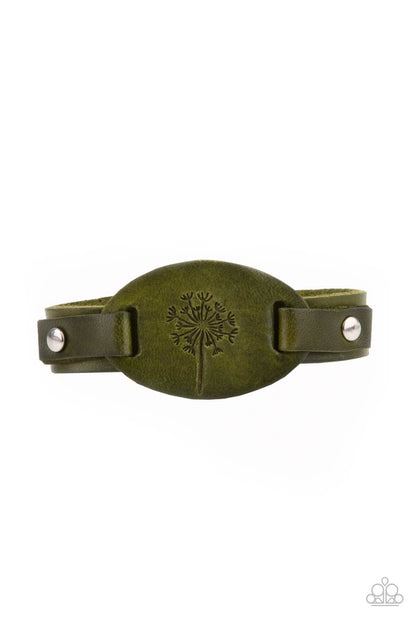 All Fine and DANDELION Green Urban Bracelet - Paparazzi Accessories   Stamped in a rustic dandelion decoration, a piece of green leather is studded in place across the front of a distressed leather band for a whimsically southern look. Features an adjustable sliding knot closure.  ﻿All Paparazzi Accessories are lead free and nickel free!  Sold as one individual bracelet.