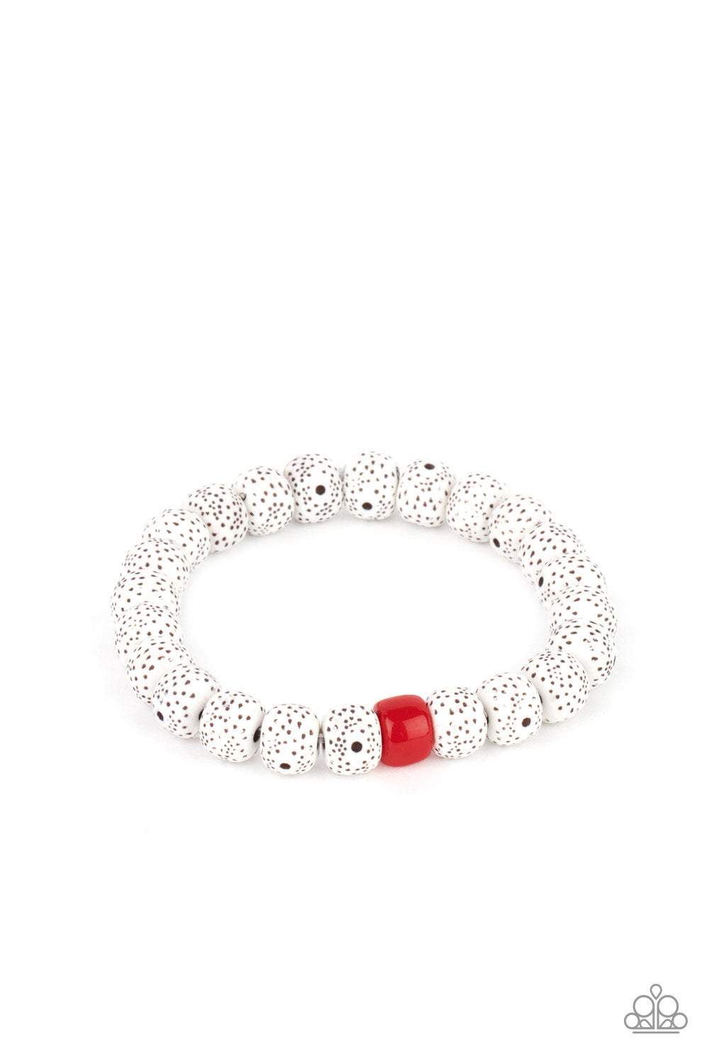 ZEN Second Rule Red Urban Bracelet - Paparazzi Accessories  Featuring a fiery red beaded centerpiece, a collection of dotted faux stone beads are threaded along a stretchy band around the wrist for an earthy effect.  All Paparazzi Accessories are lead free and nickel free!  Sold as one individual bracelet.