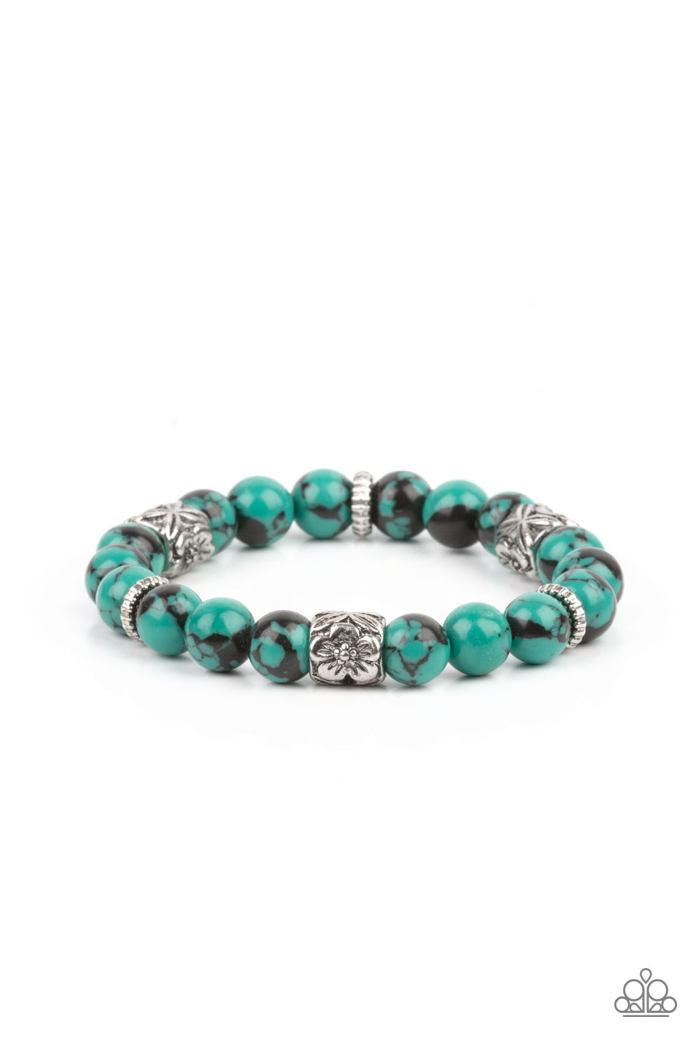 Garden Zen Green Urban Bracelet - Paparazzi Accessories.  An earthy collection of glassy green and black beads, textured silver rings, and floral embossed beads are threaded along stretchy bands around the wrist, creating a seasonal centerpiece.  ﻿All Paparazzi Accessories are lead free and nickel free!  Sold as one individual bracelet.