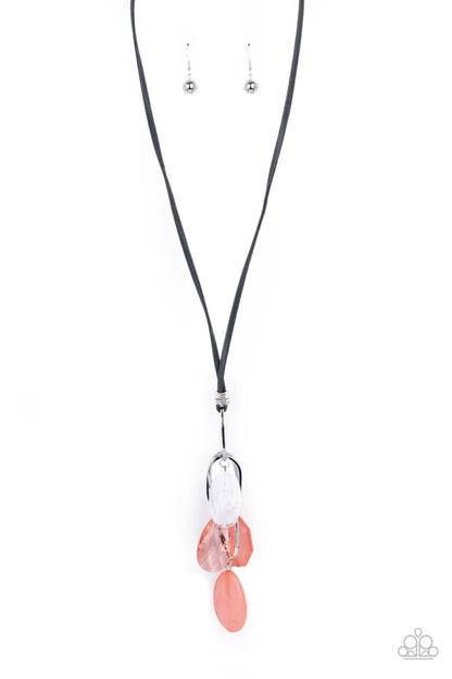 Fundamentally Flirtatious Orange Necklace - Paparazzi Accessories  A lively mixture of oversized silver oval links and orange and white acrylic beads swing from a lengthened gray leather cord. The transparent orange teardrop, cloudy orange octagon, and marbled oval shapes create a flirty statement. Features an adjustable clasp closure.  All Paparazzi Accessories are lead free and nickel free!  Sold as one individual necklace. Includes one pair of matching earrings.