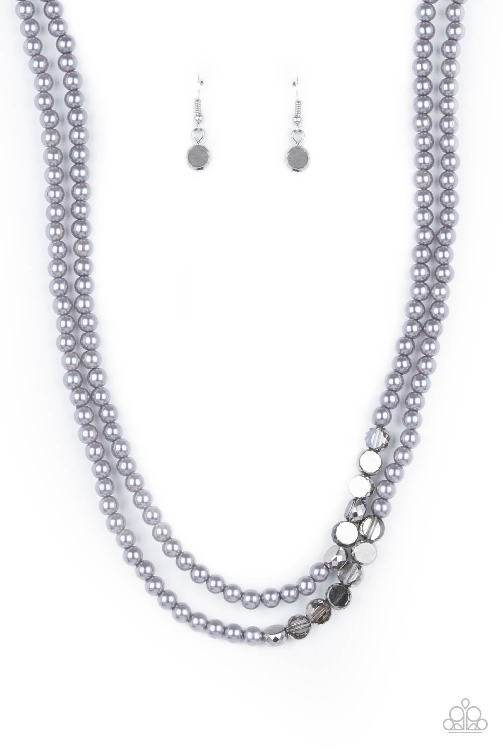 Poshly Petite Silver Necklace - Paparazzi Accessories.  A posh collection of pearly gray beads, accented by sections of flat, faceted metallic beads, is threaded along invisible wires, creating sophisticated layers that fall below the collar. Features an adjustable clasp closure.  ﻿All Paparazzi Accessories are lead free and nickel free!  Sold as one individual necklace. Includes one pair of matching earrings.