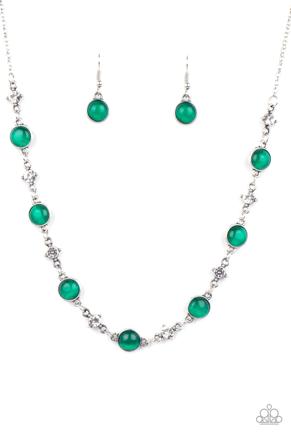 Inner Illumination Green Necklace - Paparazzi Accessories  Encased in antiqued silver fittings, dainty white rhinestones and glowing Mint cat's eye stones delicately link below the collar for a timeless finish. Features an adjustable clasp closure.  Sold as one individual necklace. Includes one pair of matching earrings.  Get The Complete Look!  Bracelet: "Use Your ILLUMINATION - Green" (Sold Separately)