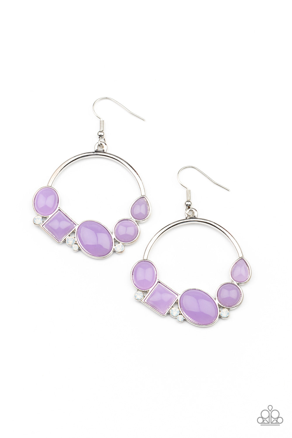Beautifully Bubblicious Purple Earring - Paparazzi Accessories.  Dainty opalescent white rhinestones are sprinkled between dewy oval, square, and circular purple beads along the bottom of a silver hoop, creating a bubbly pop of color. Earring attaches to a standard fishhook fitting.  ﻿All Paparazzi Accessories are lead free and nickel free!  Sold as one pair of earrings.