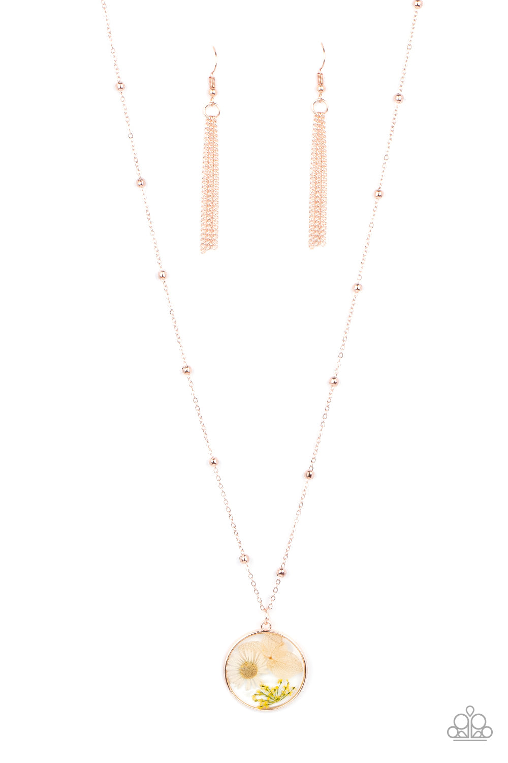 Floral Embrace Rose Gold Necklace - Paparazzi Accessories  A delightful bouquet of pressed flowers encased in a rose gold frame gently sway from a delicate rose gold chain accented with rose gold beads. Features an adjustable clasp closure.  All Paparazzi Accessories are lead free and nickel free!  Sold as one individual necklace. Includes one pair of matching earrings.