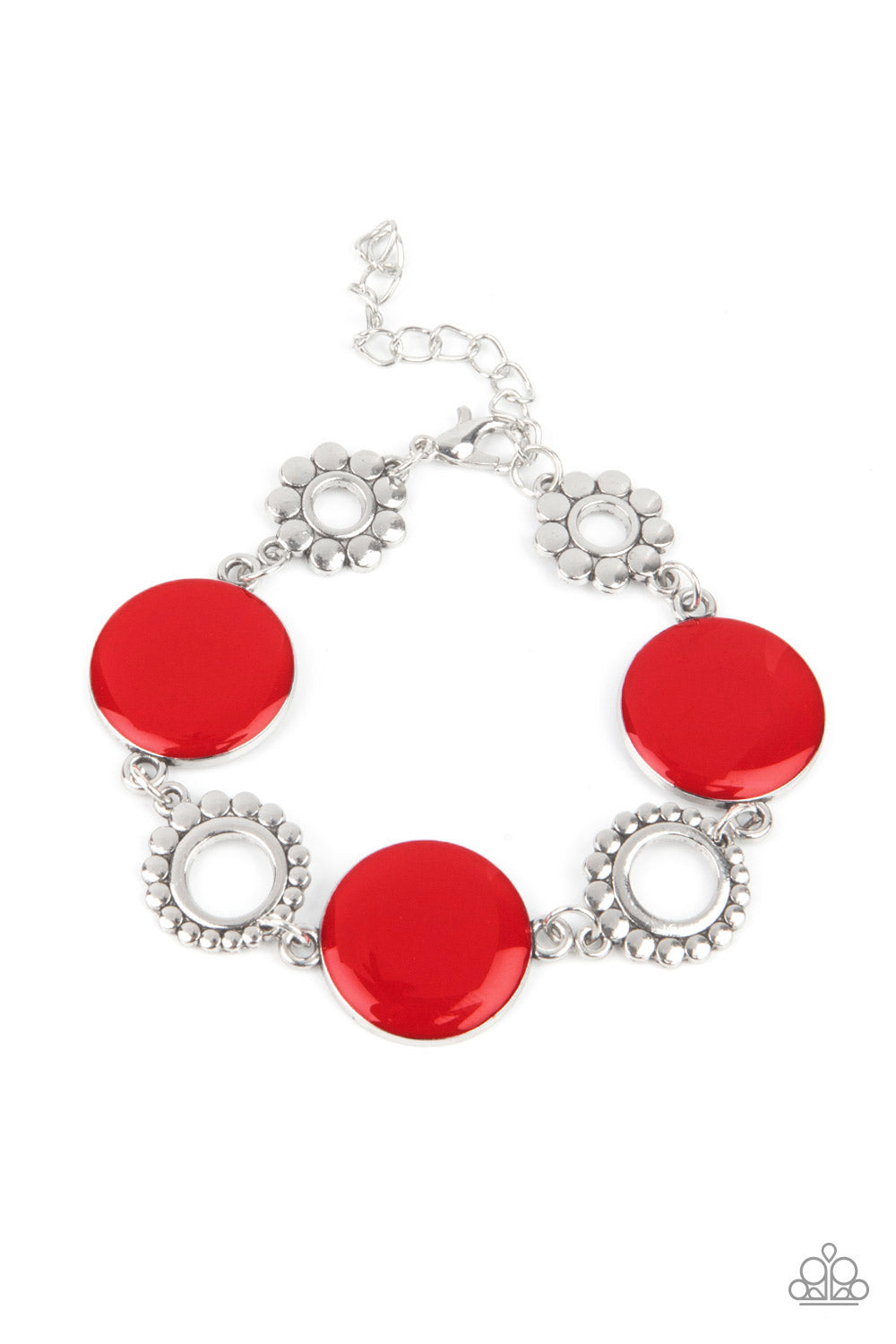 Garden Regalia Red Bracelet - Paparazzi Accessories  Featuring shiny red accents, studded silver circles and shimmery silver floral accents link around the wrist for a colorful display. Features an adjustable clasp closure.  All Paparazzi Accessories are lead free and nickel free!  Sold as one individual bracelet.