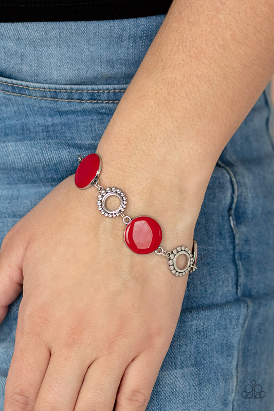 Garden Regalia Red Bracelet - Paparazzi Accessories  Featuring shiny red accents, studded silver circles and shimmery silver floral accents link around the wrist for a colorful display. Features an adjustable clasp closure.  All Paparazzi Accessories are lead free and nickel free!  Sold as one individual bracelet.