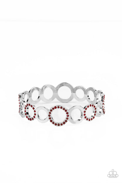 Future, Past, and POLISHED Red Bangle Bracelet - Paparazzi Accessories  A glittery collection of fiery red rhinestone encrusted rings and shiny silver hoops coalesce into an airy bangle around the wrist.  Sold as one individual bracelet.