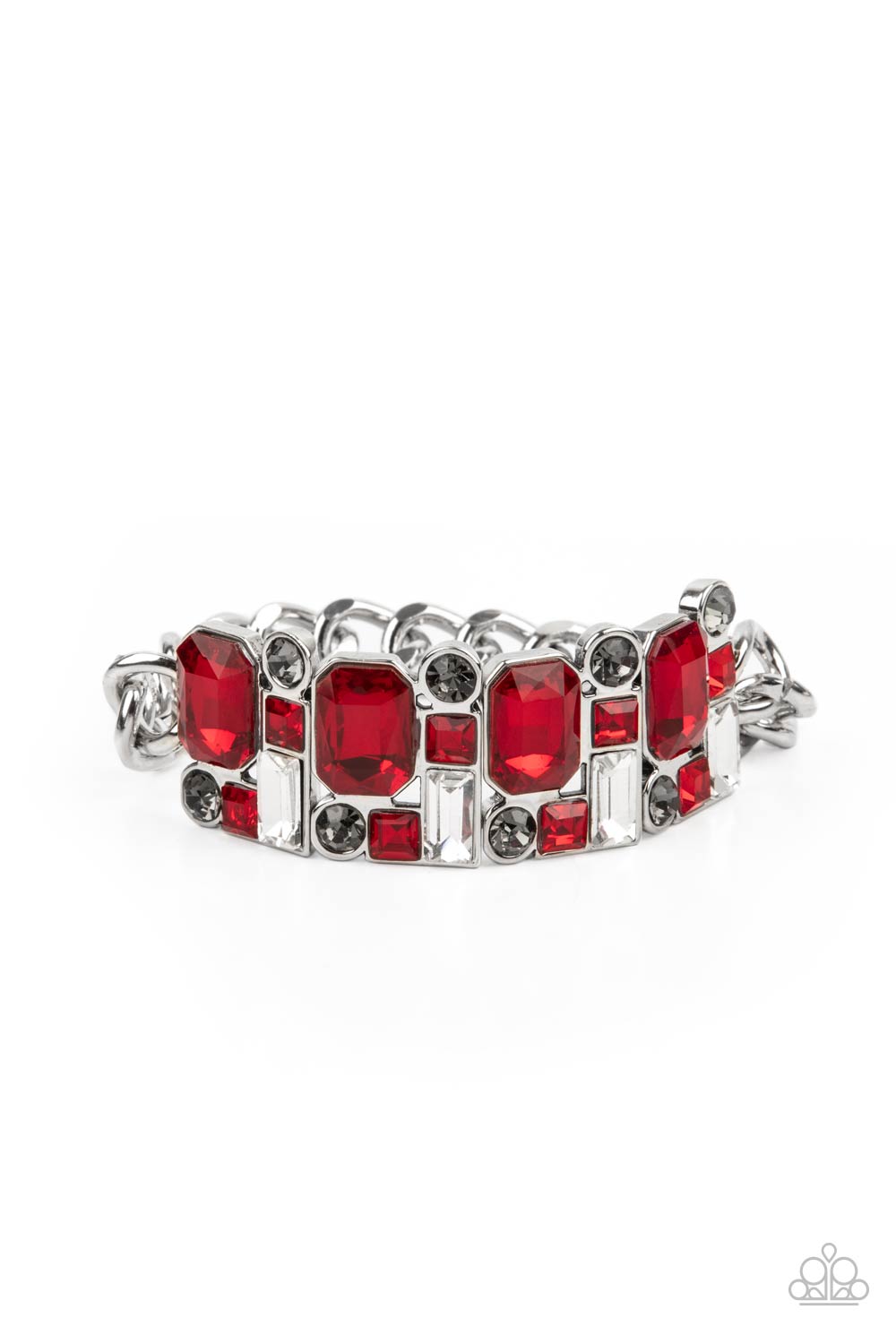 Urban Crest Red Bracelet - Paparazzi Accessories  A mismatched collision of red, smoky, and white rhinestone encrusted frames are threaded along a stretchy band that attaches to a chunky strand of silver chain, creating jaw-dropping dazzle across the front of the wrist.  All Paparazzi Accessories are lead free and nickel free!   Sold as one individual bracelet.