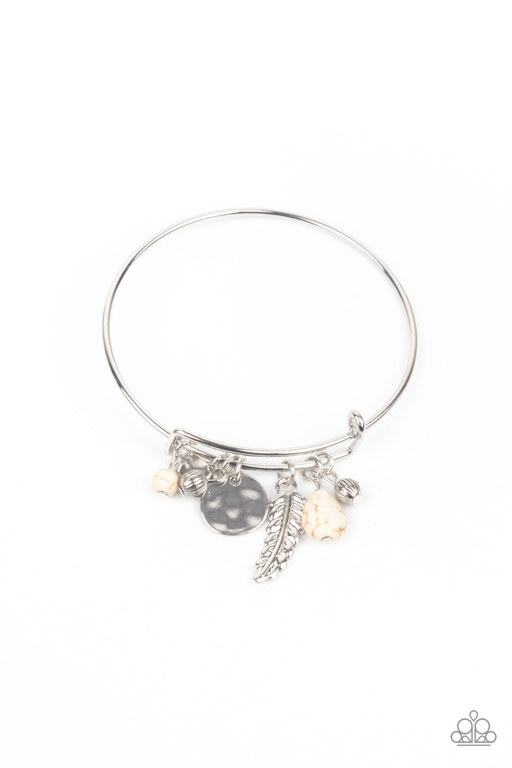 Root and RANCH White Bracelet - Paparazzi Accessories  Featuring a shimmery silver feather charm, ornate silver beads and earthy white stone beads glide along the fitted center of a dainty silver bangle for a whimsically charming look.  All Paparazzi Accessories are lead free and nickel free!  Sold as one individual bracelet.
