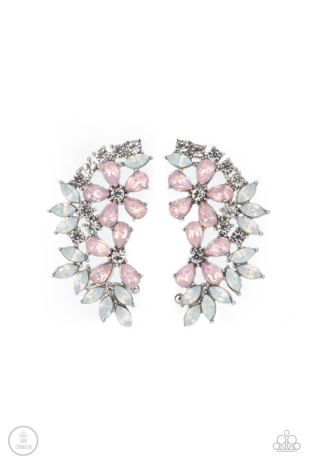 Garden Party Powerhouse Pink Ear Crawler Earring - Paparazzi Accessories  Featuring a milky opalescence, white marquise and pink teardrop rhinestones coalesce into a sparkly floral centerpiece that flawlessly climbs the ear. Earring attaches to a standard post fitting. Features a dainty cuff attached to the top for a secure fit.  All Paparazzi Accessories are lead free and nickel free!  Sold as one pair of ear crawlers.