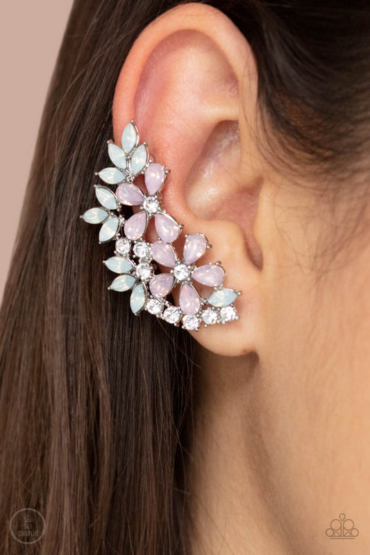 Garden Party Powerhouse Pink Ear Crawler Earring - Paparazzi Accessories  Featuring a milky opalescence, white marquise and pink teardrop rhinestones coalesce into a sparkly floral centerpiece that flawlessly climbs the ear. Earring attaches to a standard post fitting. Features a dainty cuff attached to the top for a secure fit.  All Paparazzi Accessories are lead free and nickel free!  Sold as one pair of ear crawlers.