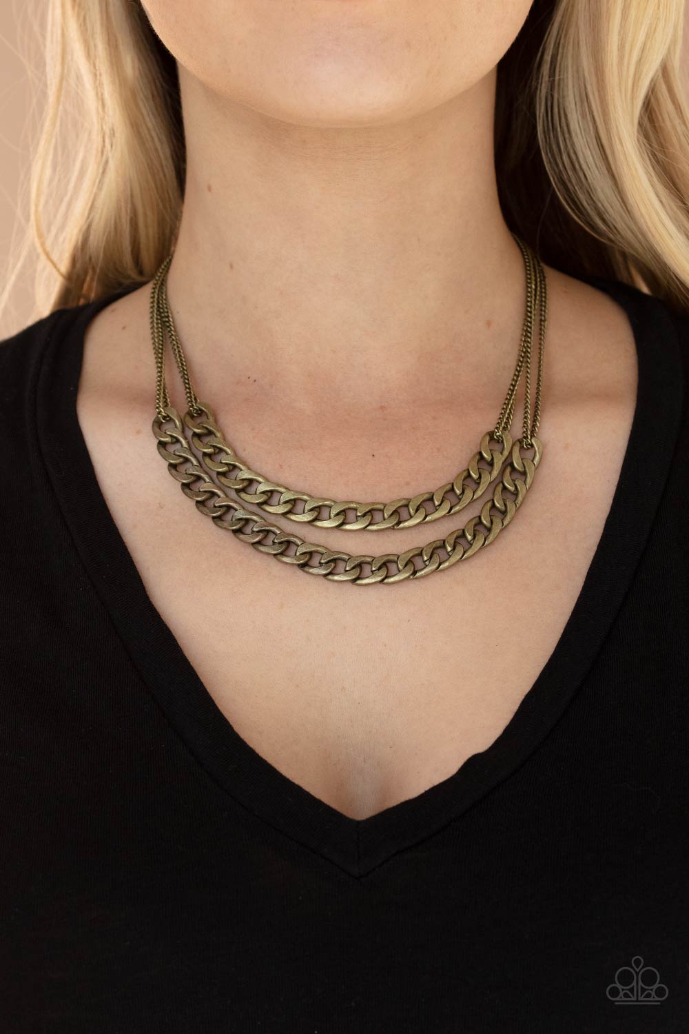 Urban Culture Brass Necklace - Paparazzi Accessories  Two sections of chunky brass curb chain attach to doubled brass chains below the collar, creating an intense industrial centerpiece. Features an adjustable clasp closure.  All Paparazzi Accessories are lead free and nickel free!  Sold as one individual necklace. Includes one pair of matching earrings.