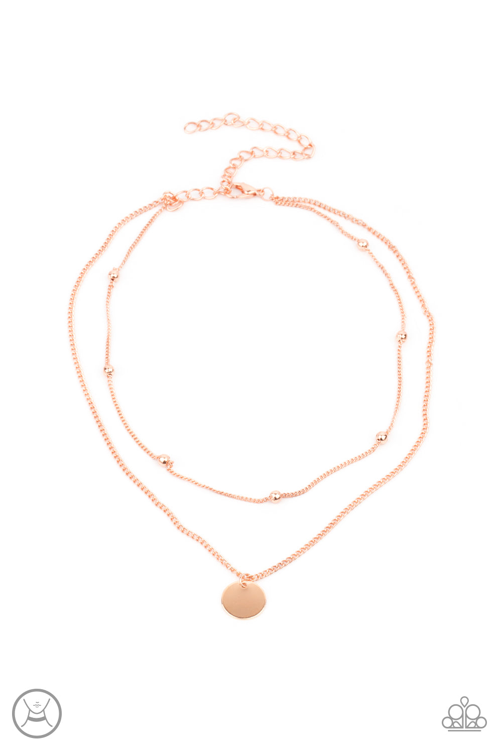 Modestly Minimalist Shiny Copper Choker Necklace - Paparazzi Accessories.  Infused with a shiny copper beaded chain, a dainty shiny copper disc slides along a classic shiny copper chain around the neck, creating sleek layers. Features an adjustable clasp closure.  ﻿﻿﻿All Paparazzi Accessories are lead free and nickel free!  Sold as one individual choker necklace. Includes one pair of matching earrings.