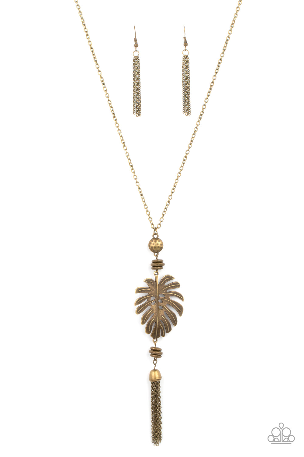 Palm Promenade Brass Necklace - Paparazzi Accessories  Infused with brass beaded accents, a lifelike brass palm leaf frame attaches to the bottom of a rustic brass chain. An antiqued brass chain tassel swings from the bottom, adding flirtatious movement to the summery statement piece. Features an adjustable clasp closure.  All Paparazzi Accessories are lead free and nickel free!  Sold as one individual necklace. Includes one pair of matching earrings.