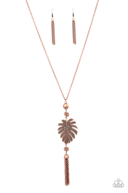 Palm Promenade Copper Necklace - Paparazzi Accessories  Infused with copper beaded accents, a lifelike copper palm leaf frame attaches to the bottom of a rustic copper chain. A copper chain tassel swings from the bottom, adding flirtatious movement to the summery statement piece. Features an adjustable clasp closure.  All Paparazzi Accessories are lead free and nickel free!   Sold as one individual necklace. Includes one pair of matching earrings.