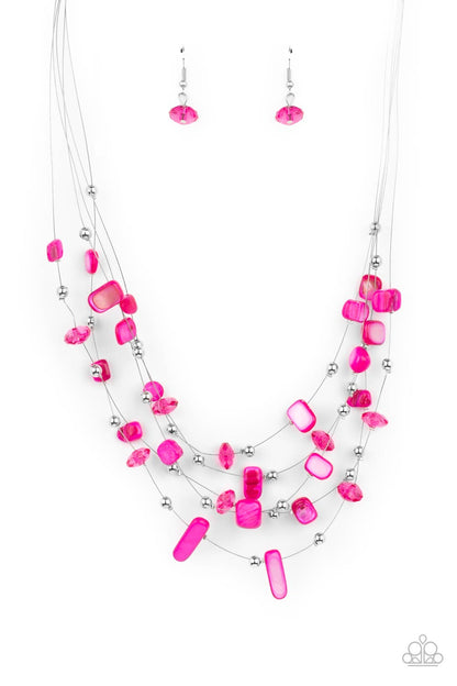 Prismatic Pebbles Pink Necklace - Paparazzi Accessories  Dainty silver beads, pink crystal-like beads, and shell-like pink pebbles are fitted in place along strands of dainty wires, creating colorful layers below the collar. Features an adjustable clasp closure.  All Paparazzi Accessories are lead free and nickel free!  Sold as one individual necklace. Includes one pair of matching earrings.