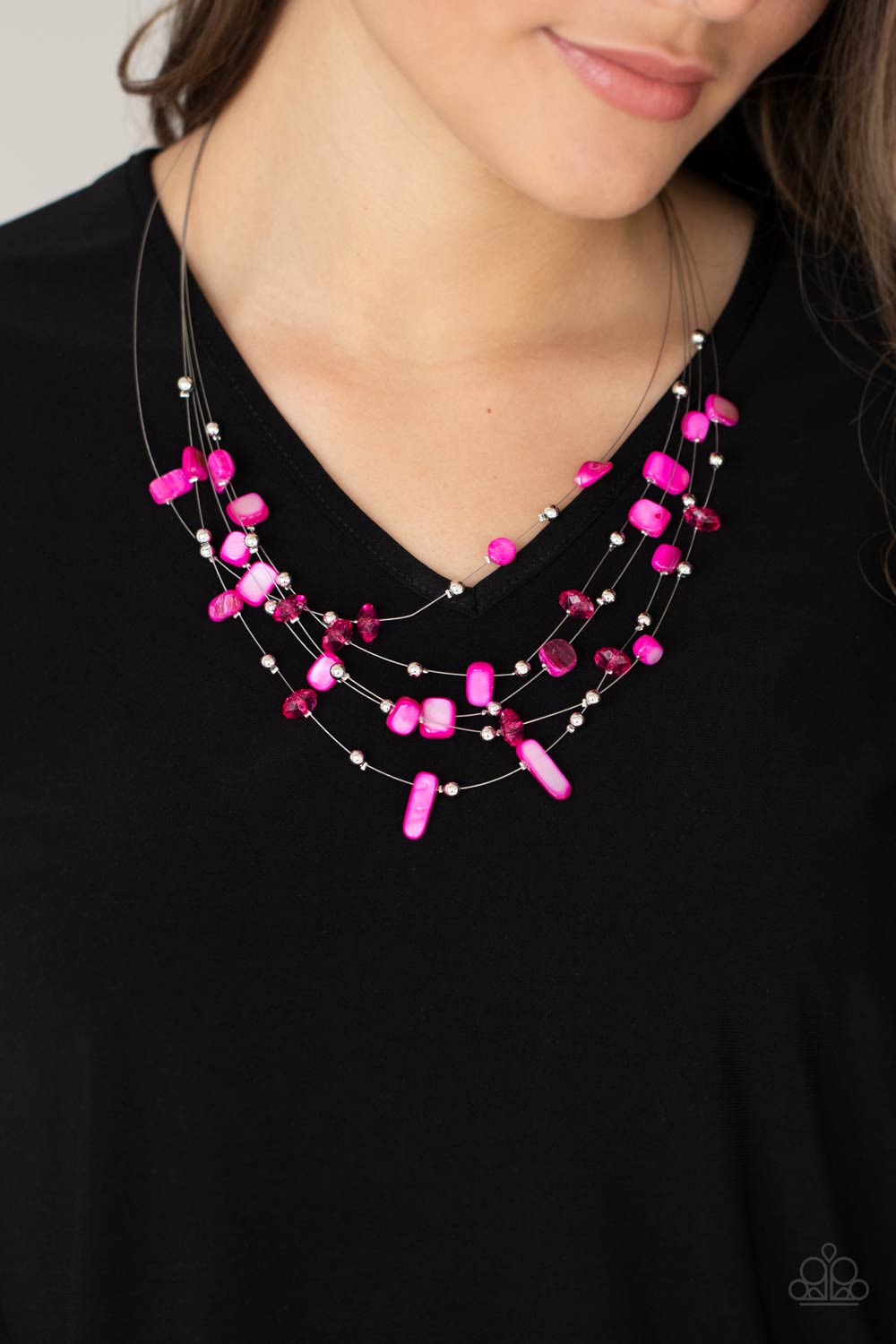 Prismatic Pebbles Pink Necklace - Paparazzi Accessories  Dainty silver beads, pink crystal-like beads, and shell-like pink pebbles are fitted in place along strands of dainty wires, creating colorful layers below the collar. Features an adjustable clasp closure.  All Paparazzi Accessories are lead free and nickel free!  Sold as one individual necklace. Includes one pair of matching earrings.