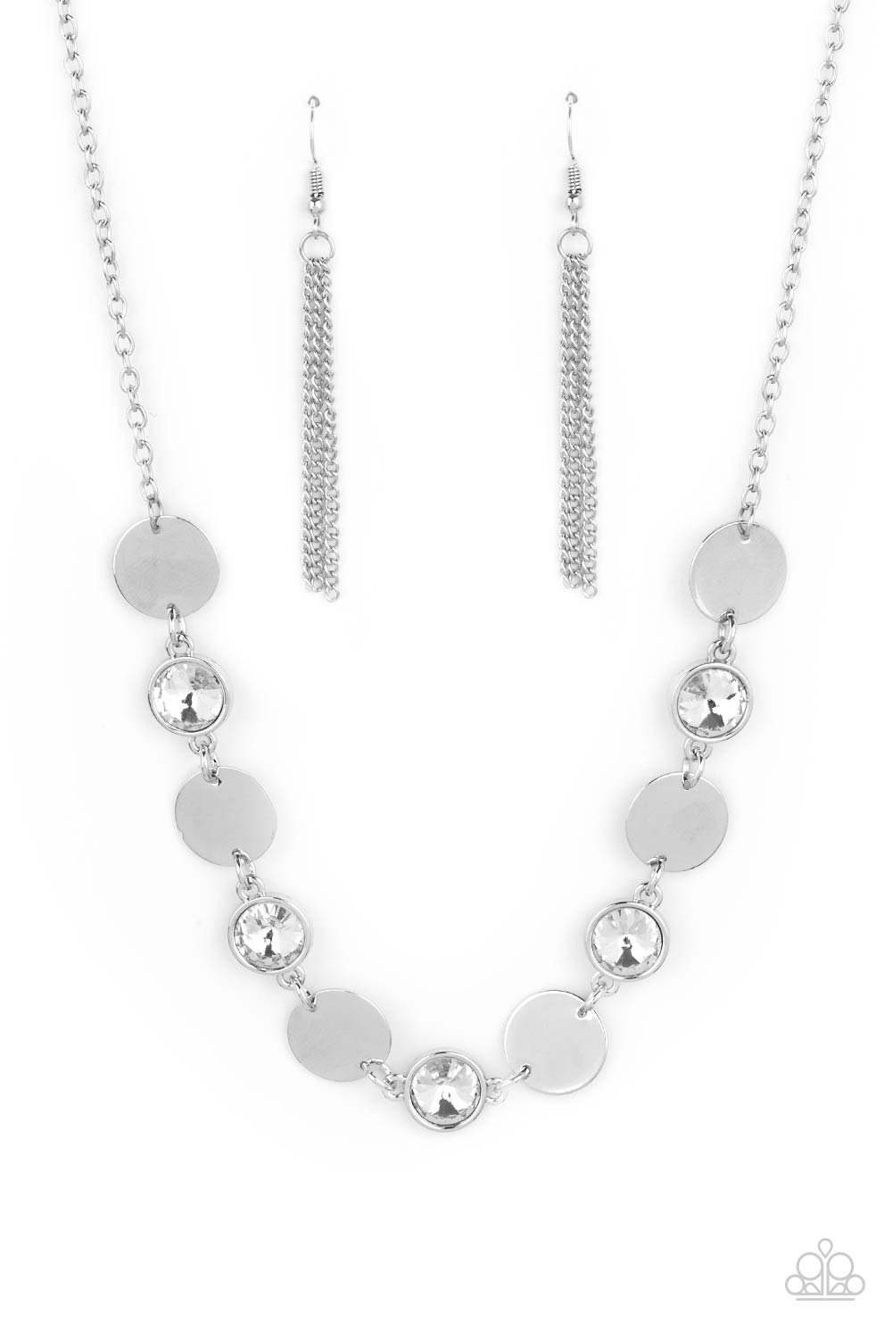 Refined Reflections White Necklace - Paparazzi Accessories  Shiny silver discs and oversized glassy white gems delicately link below the collar, creating a sparkly statement piece. Features an adjustable clasp closure.  All Paparazzi Accessories are lead free and nickel free!  Sold as one individual necklace. Includes one pair of matching earrings.