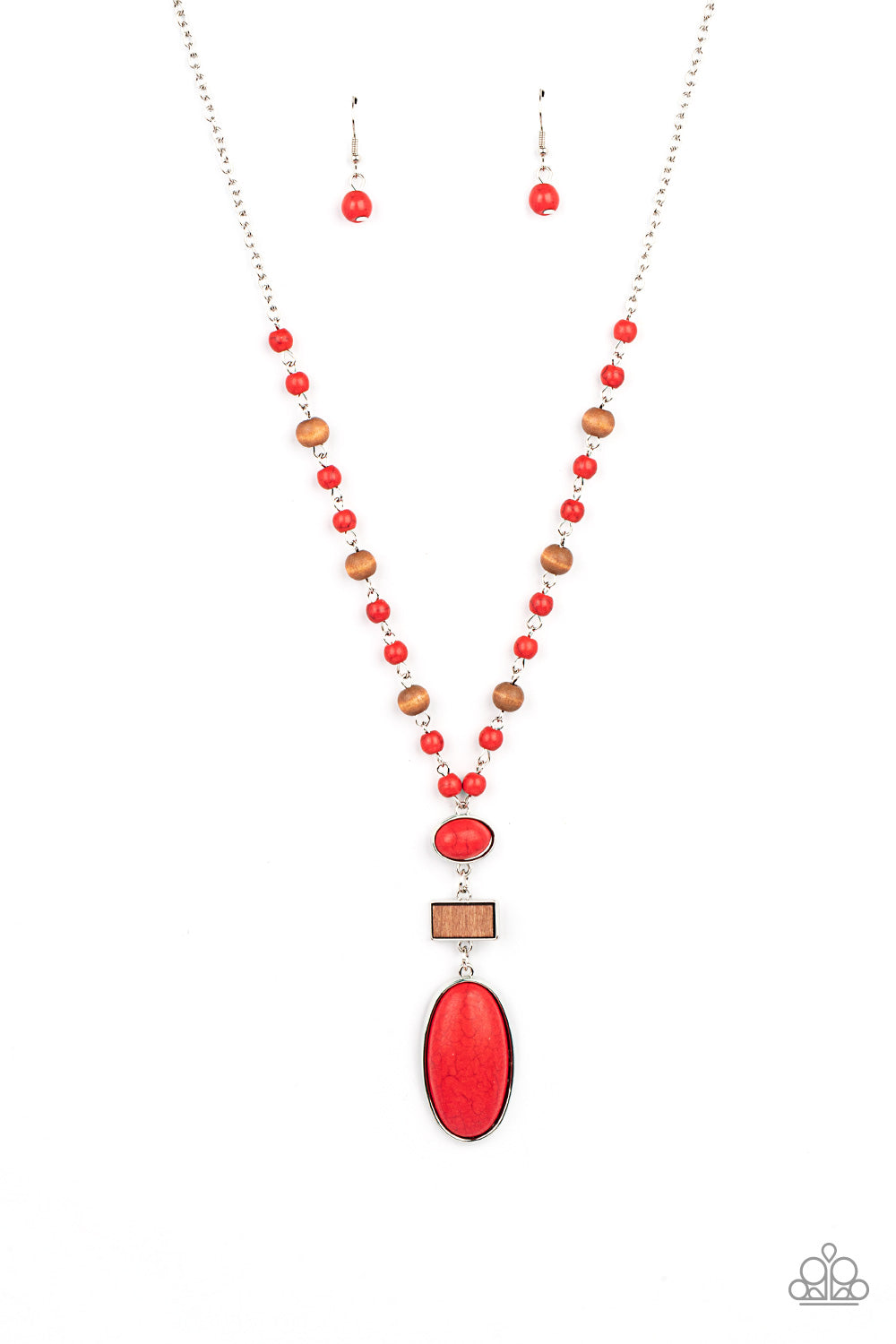 Naturally Essential Red Necklace - Paparazzi Accessories  A dainty collection of fiery red stone and rustic wooden beads connect into an earthy chain across the chest. Featuring sleek silver frames, oval red stones and a rectangular wood frame connect into a dramatically stacked seasonal pendant at the bottom for a colorful display. Features an adjustable clasp closure.  Sold as one individual necklace. Includes one pair of matching earrings.