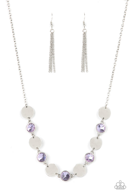 Refined Reflections Purple Necklace- Paparazzi Accessories  Shiny silver discs and oversized glassy purple gems delicately link below the collar, creating a sparkly statement piece. Features an adjustable clasp closure.  Sold as one individual necklace. Includes one pair of matching earrings.