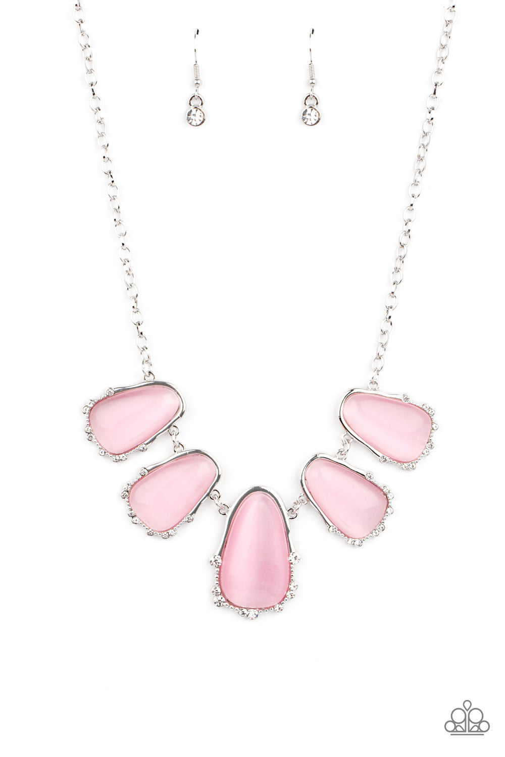 Newport Princess Pink Necklace - Paparazzi Accessories  A collection of asymmetrical pink cat’s eye stone teardrops are encased inside imperfect silver frames as they delicately link below the collar. The dainty silver frames are sporadically dotted in dainty silver studs and glassy white rhinestones, adding delicate sparkle to the ethereal display. Features an adjustable clasp closure.  All Paparazzi Accessories are lead free and nickel free!  Includes one pair of matching earrings.