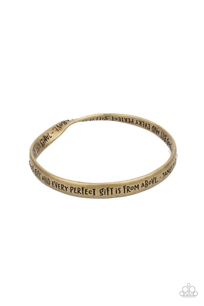 Perfect Present Brass Bangle Bracelet - Paparazzi Accessories  Featuring a subtle twist, a burnished brass bangle is engraved in the biblical passage, "Every good gift and every perfect gift is from above.--James 1:17," for an inspirational finish.  All Paparazzi Accessories are lead free and nickel free!  Sold as one individual bracelet.
