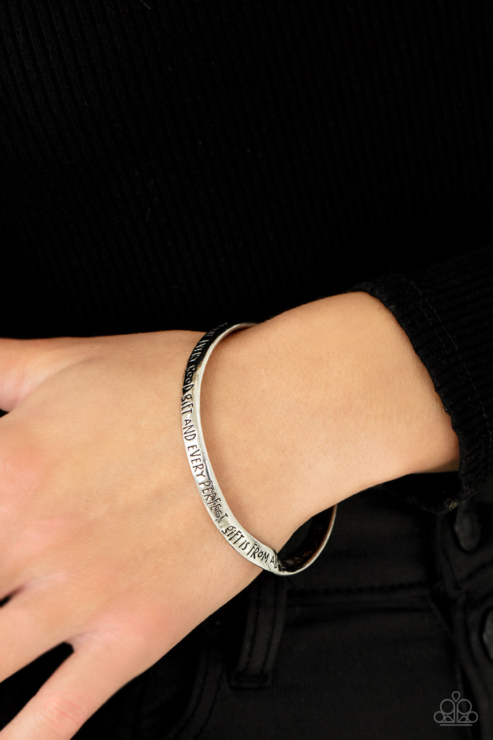 Perfect Present Silver Bangle Bracelet - Paparazzi Accessories  Featuring a subtle twist, a silver bangle is engraved in the biblical passage, "Every good gift and every perfect gift is from above.--James1:17," for an inspirational finish.  Sold as one individual bracelet.
