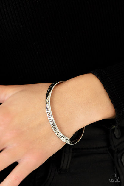 Perfect Present Silver Bangle Bracelet - Paparazzi Accessories  Featuring a subtle twist, a silver bangle is engraved in the biblical passage, "Every good gift and every perfect gift is from above.--James1:17," for an inspirational finish.  Sold as one individual bracelet.