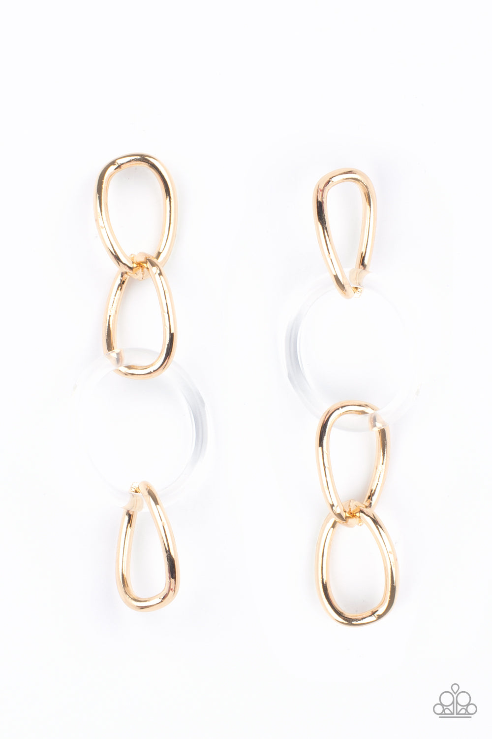 Talk In Circles Gold Earring - Paparazzi Accessories  Bright gold oversized links, interrupted by a single large clear acrylic ring, fall from the ear in linked succession for an on-trend fashion statement. Earring attaches to a standard post fitting.  All Paparazzi Accessories are lead free and nickel free!  Sold as one pair of post earrings.