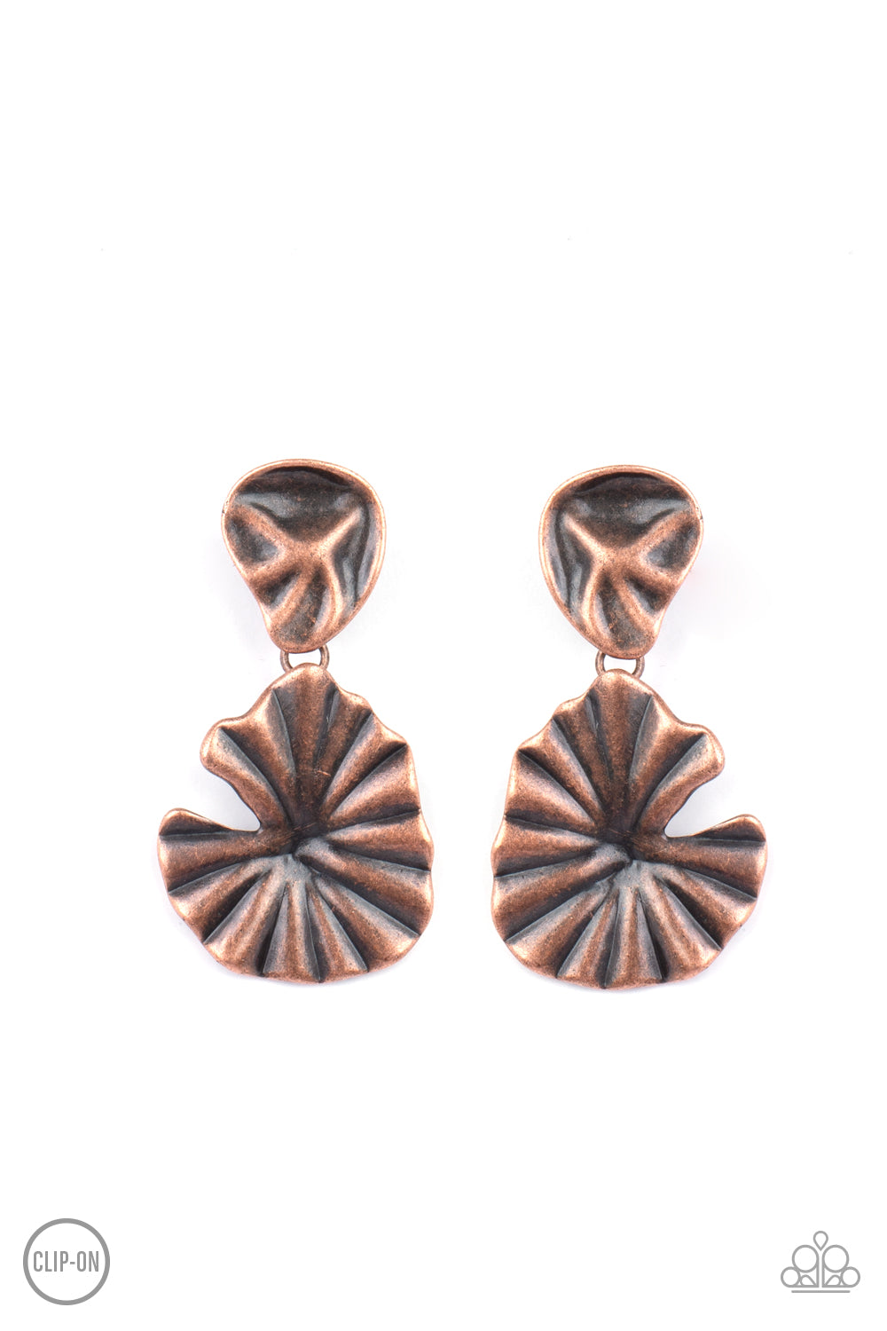 Empress Of The Amazon Copper Clip-On Earring - Paparazzi Accessories  A pair of antiqued copper jungle leaves - one small, one large - fan out and dangle from the ear for a powerful Amazonian vibe. Earring attaches to a standard clip-on fitting.  Sold as one pair of clip-on earrings.