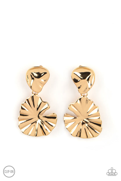 Empress Of The Amazon Gold Clip-On Earring - Paparazzi Accessories  A pair of shiny gold jungle leaves - one small, one large - fan out and dangle from the ear for a powerful Amazonian vibe. Earring attaches to a standard clip-on fitting.  Sold as one pair of clip-on earrings.